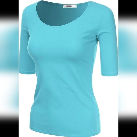 🔹️🔺️Blue Scoop Neck Stretchy Elbow Sleeve Top Large - Picture 2 of 11